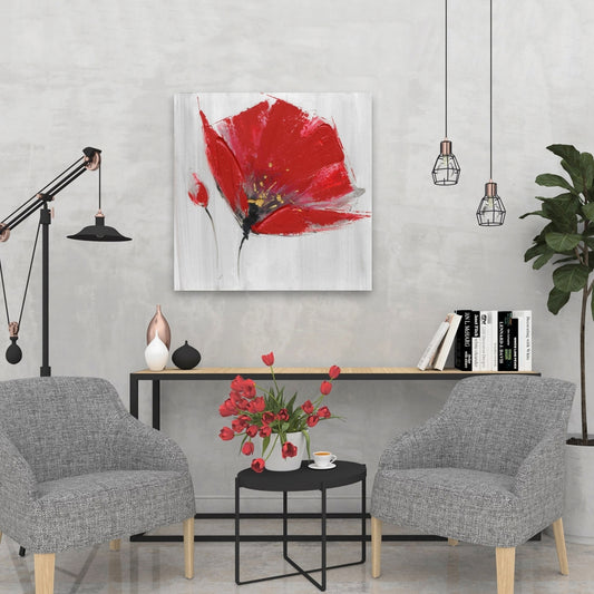 Two Red Flowers Gray Canvas | Floral Botanical Bedroom Decor