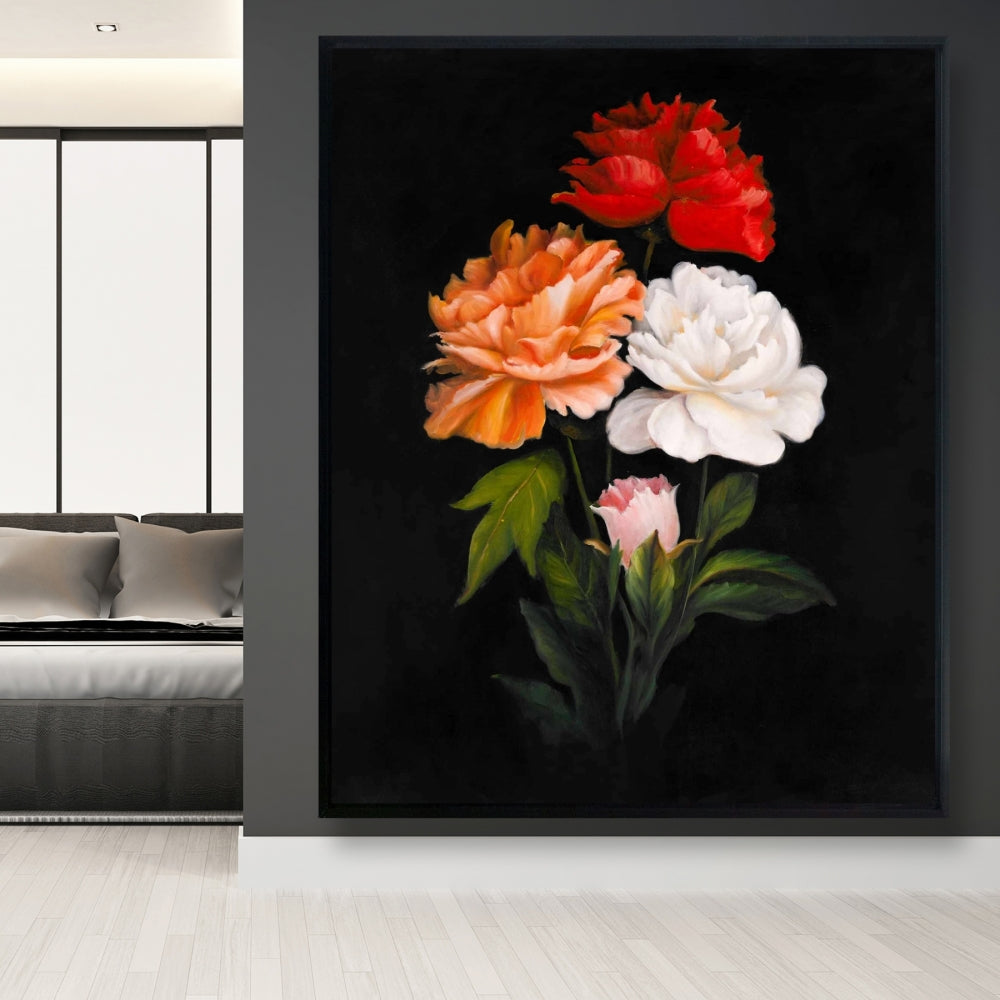 Toile encadrée noire pour chambre à coucher | Décoration florale à trois roses