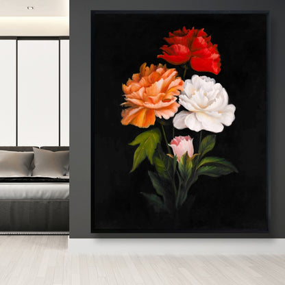 Toile encadrée noire pour chambre à coucher | Décoration florale à trois roses
