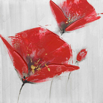 Toile botanique pour chambre à coucher : Trois fleurs rouges au centre doré