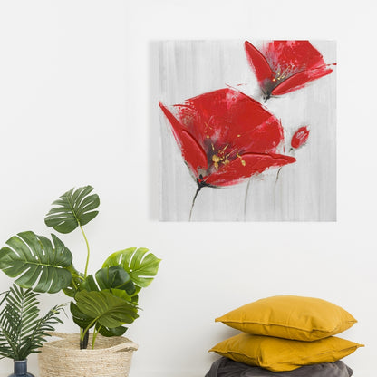 Toile botanique grise pour chambre à coucher : décoration murale à trois fleurs rouges