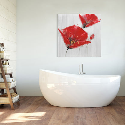 Toile botanique grise pour chambre à coucher : décoration murale à trois fleurs rouges