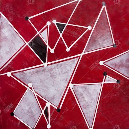 Art de bureau contemporain | Triangles blancs sur toile rouge