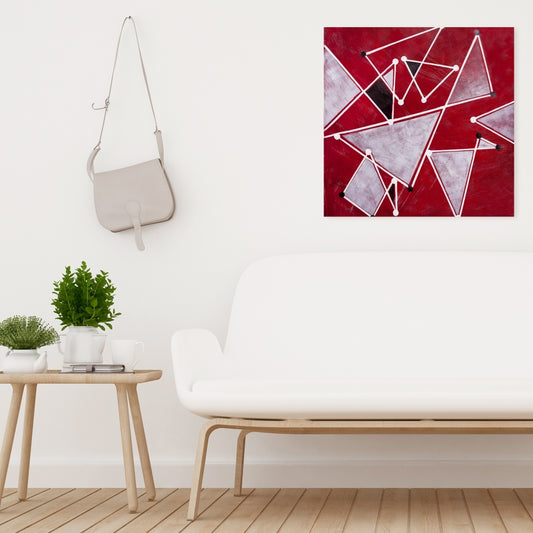 White Triangles on Red Canvas | Abstract Home Decor Art