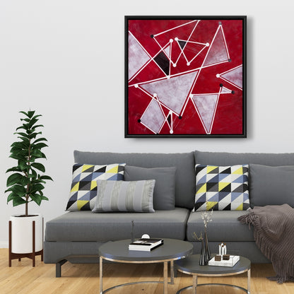 Art de bureau contemporain | Triangles blancs sur toile rouge
