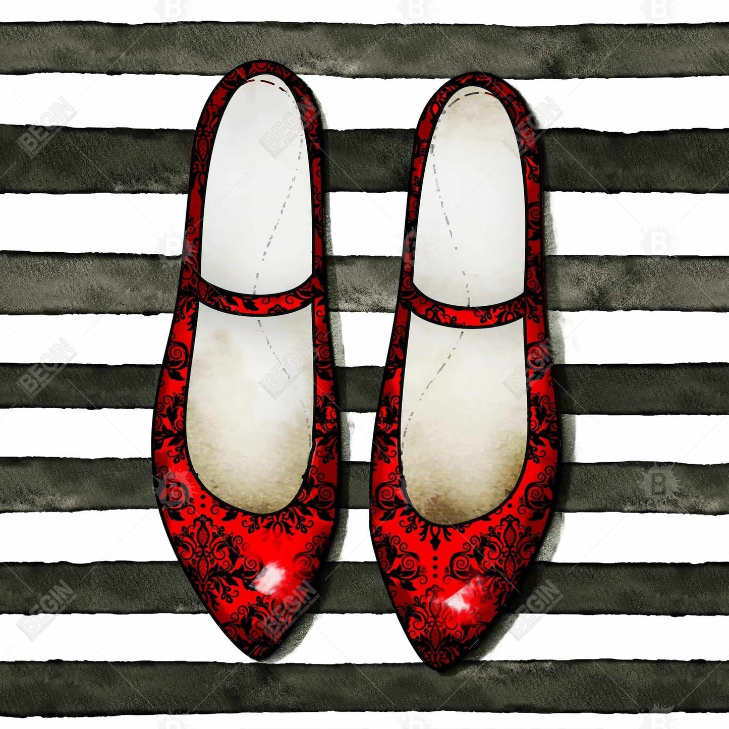 Red Glossy Shoes Canvas | Contemporary Decor Striped Art