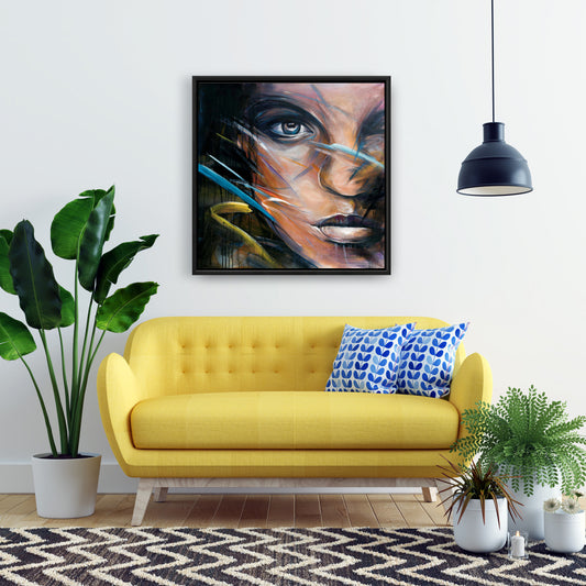 Toile colorée représentant un visage de femme | Décoration encadrée « Beauté bleue »