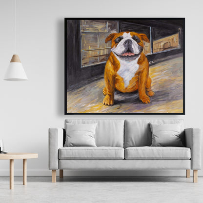 Smiling Bulldog Framed Canvas | Brown Animal Bedroom Decor