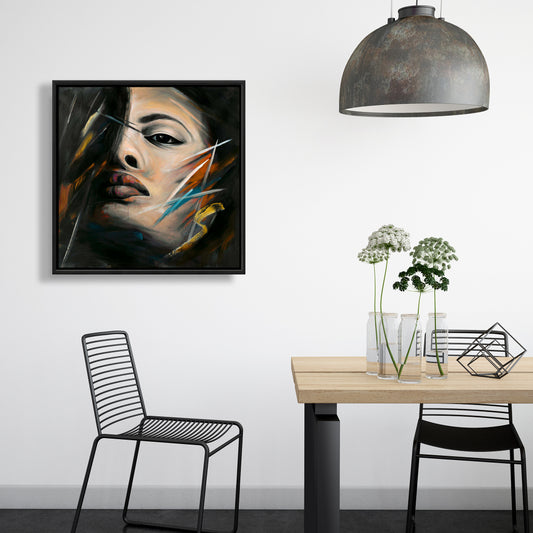 Portrait de femme abstrait – Toile encadrée marron pour décoration intérieure