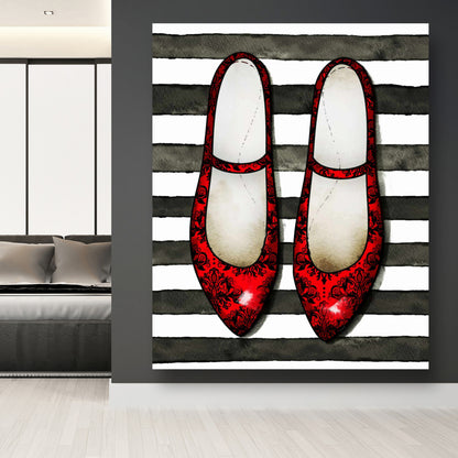 Red Glossy Shoes Canvas | Contemporary Decor Striped Art