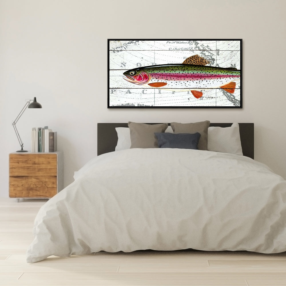 Trout on World Map Framed Canvas | Red Aquatic Decor Art