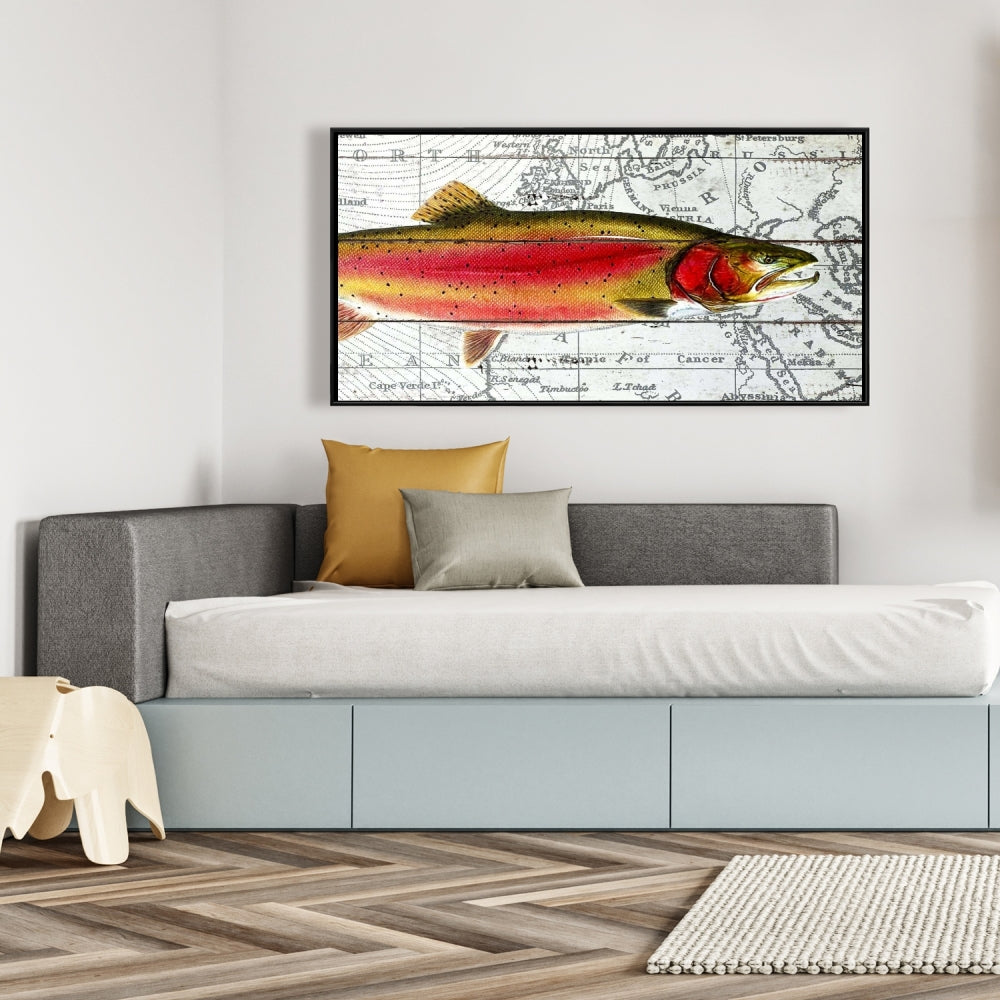 Pink Trout on Map | Aquatic Animals Framed Canvas Decor