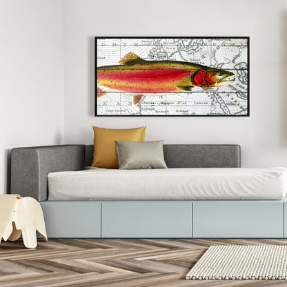 Pink Trout on Map | Aquatic Animals Framed Canvas Decor