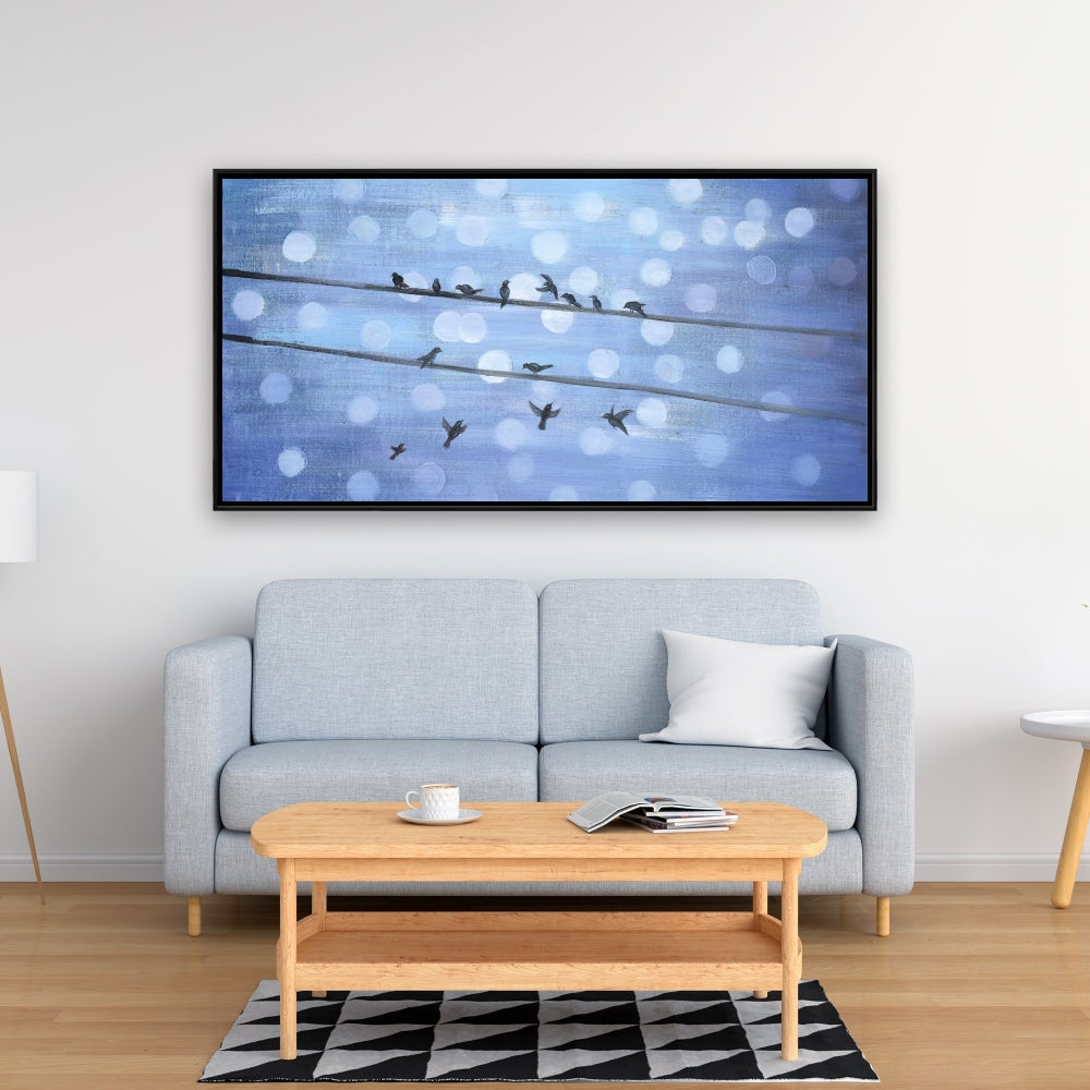 Toile encadrée Formes bleues – Décor oiseaux sur ciel scintillant