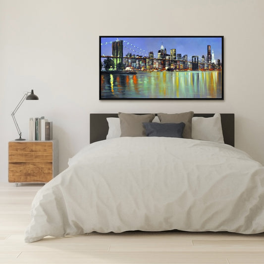 Toile colorée de nuit urbaine | Décoration d'intérieur avec cadre bleu