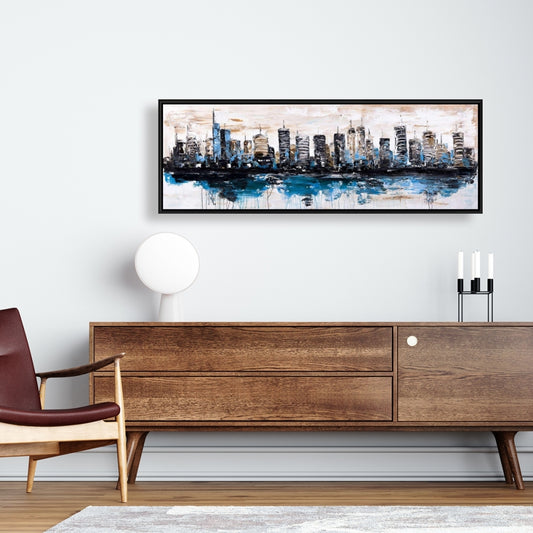 Abstract City on Water - Blue Framed Canvas | Home Decor