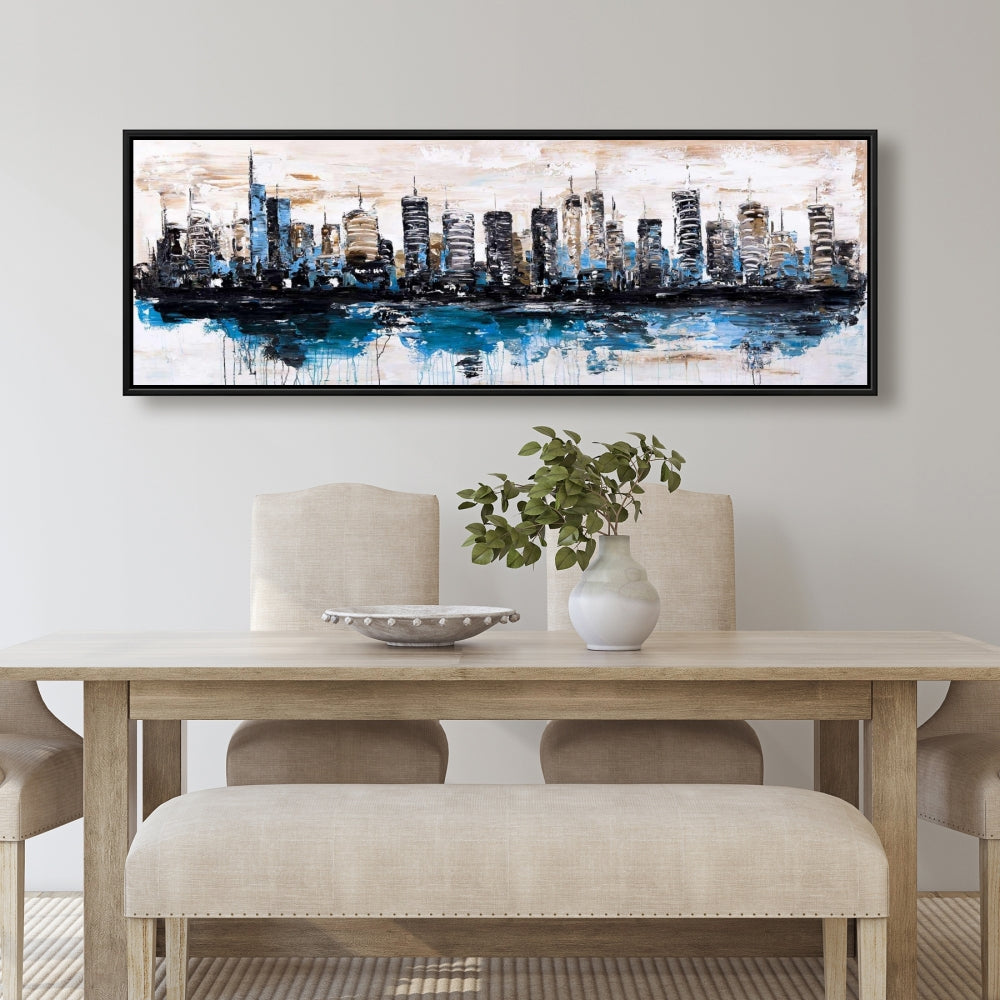 Ville abstraite sur l'eau – Toile encadrée bleue | Décoration d'intérieur