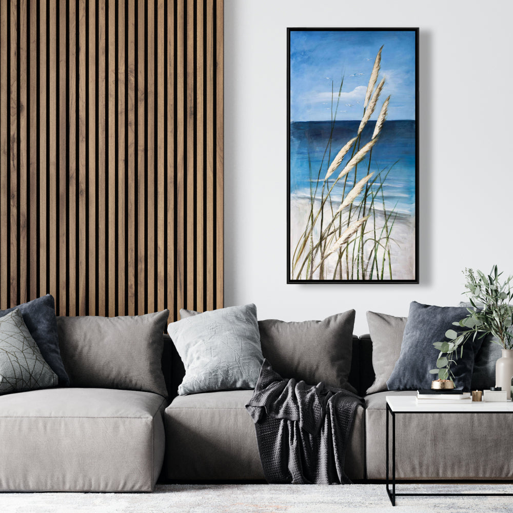 Toile encadrée bleue contemporaine côtière - Plage d'herbes sauvages