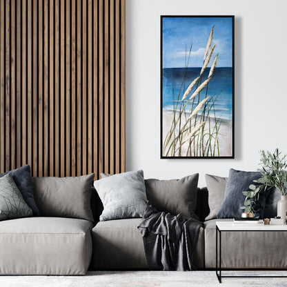 Toile encadrée bleue contemporaine côtière - Plage d'herbes sauvages