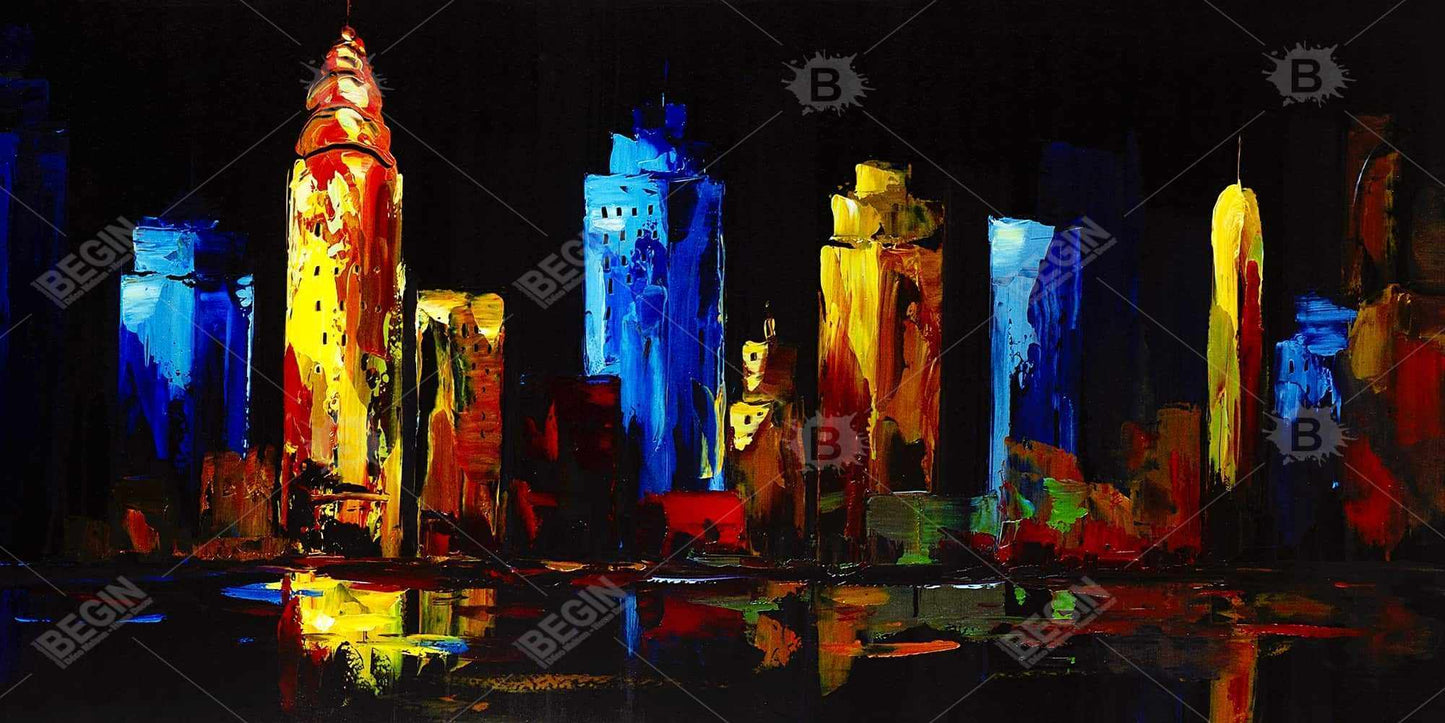 Toile encadrée contemporaine | Paysage urbain coloré sur fond sombre
