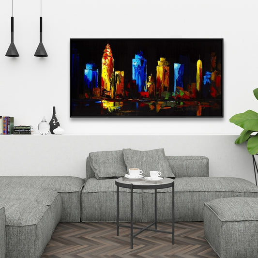 Toile encadrée contemporaine | Paysage urbain coloré sur fond sombre