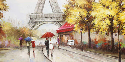 Toile encadrée Arbres jaunes – Décor de passants près de la Tour Eiffel