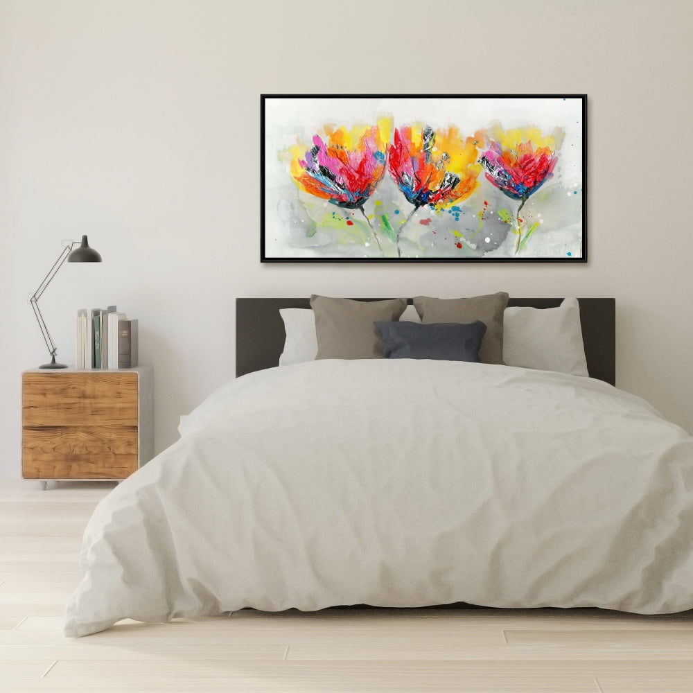 Four Colored Flowers on Gray | Botanical Floral Canvas Decor