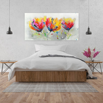 "Floral & Botanical Gray Canvas - Four Colored Flowers Decor"