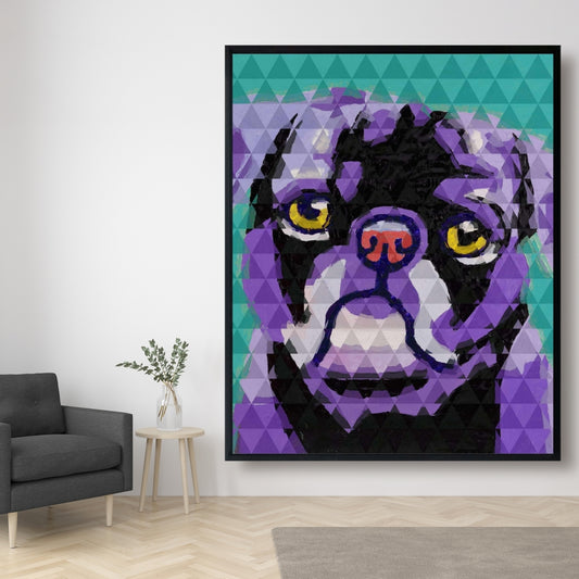 Toile encadrée géométrique représentant un carlin – Décoration murale pour chambre d'animaux