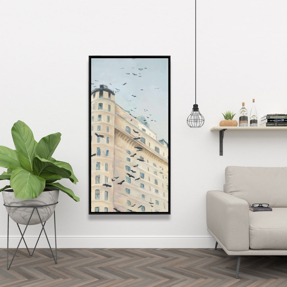 Birds Flying in Front of Building Canvas - Modern Home Decor