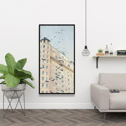 Birds Flying in Front of Building Canvas - Modern Home Decor
