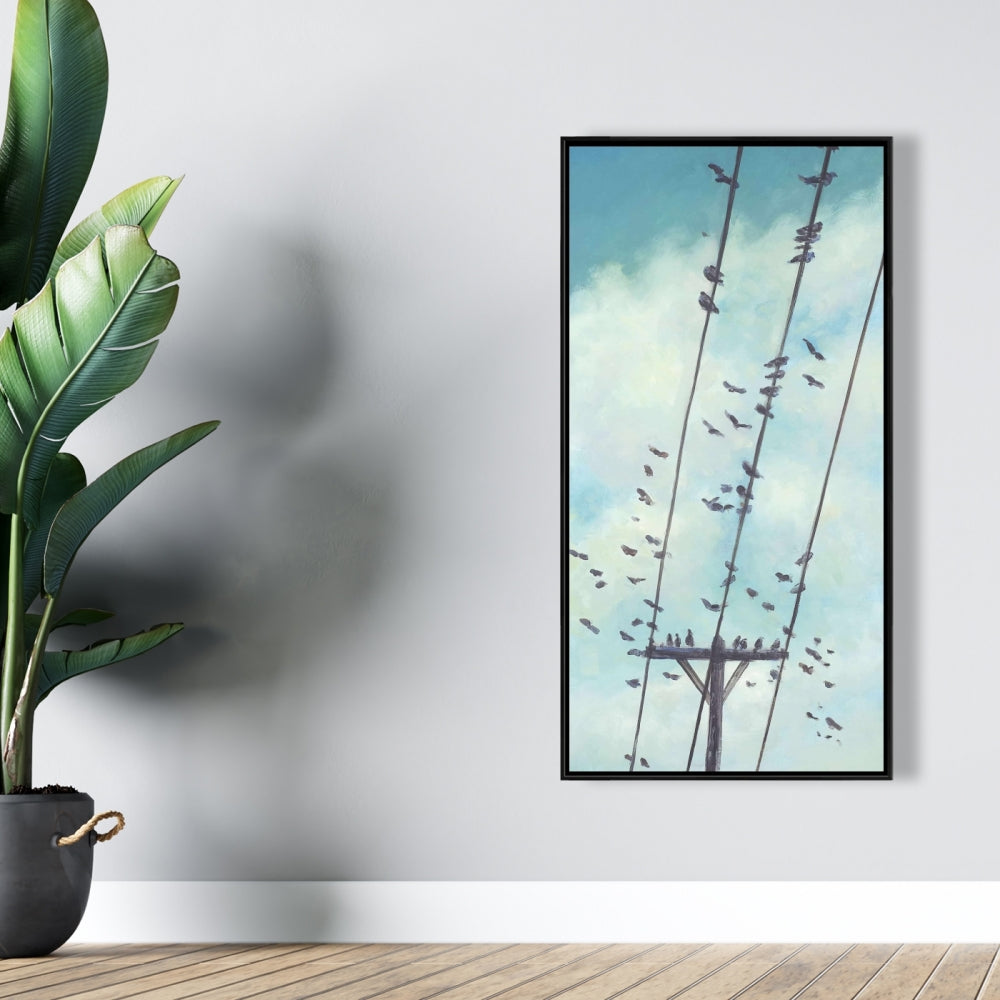 Birds on Wire Framed Canvas | Modern Bedroom Wall Art Decor