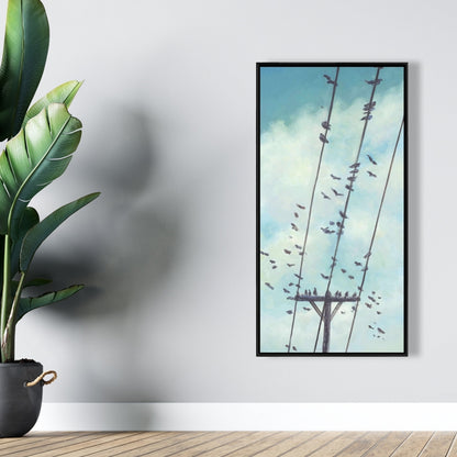 Birds on Wire Framed Canvas | Modern Bedroom Wall Art Decor