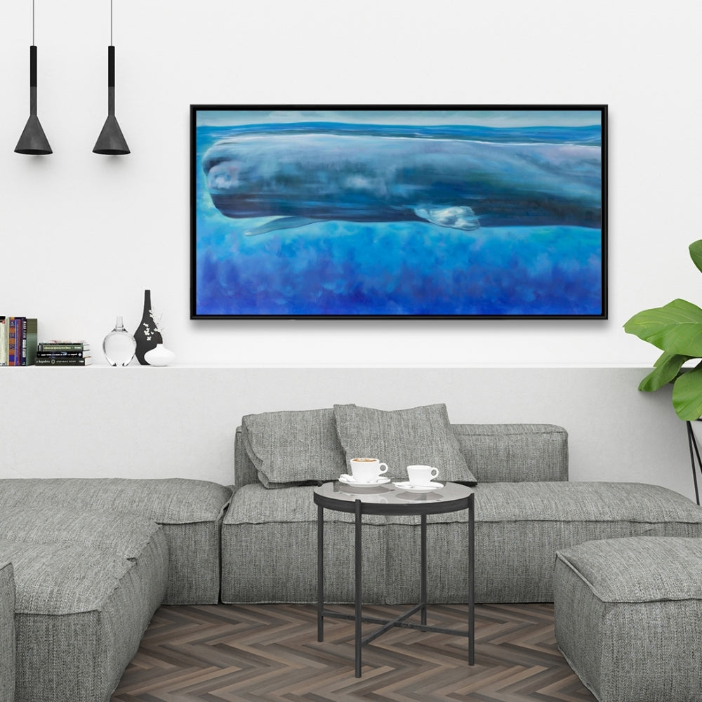 Sperm Whale Framed Canvas | Blue Aquatic Animals Decor