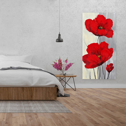 Red Flowers Canvas | Gray Background | Modern Bedroom Decor