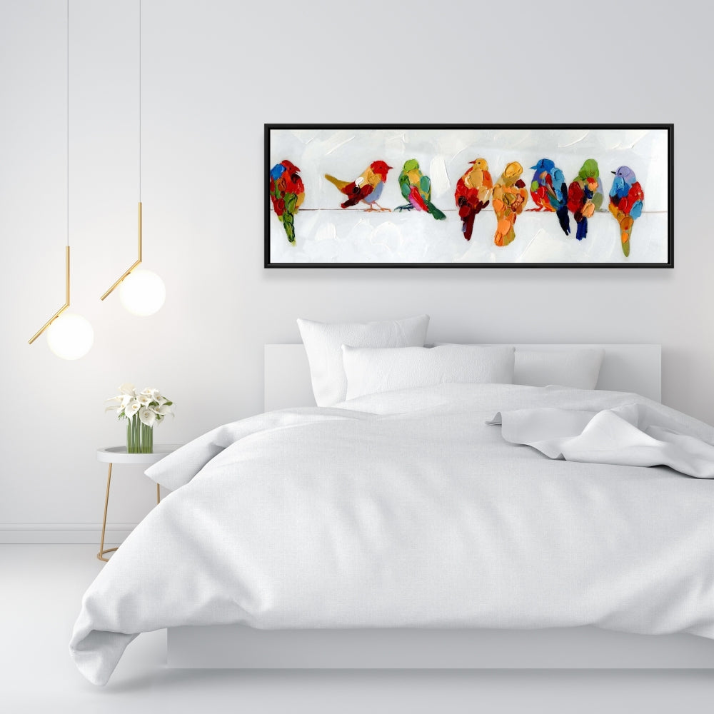 Colorful Birds on a Wire | Framed Canvas Home Decor Art
