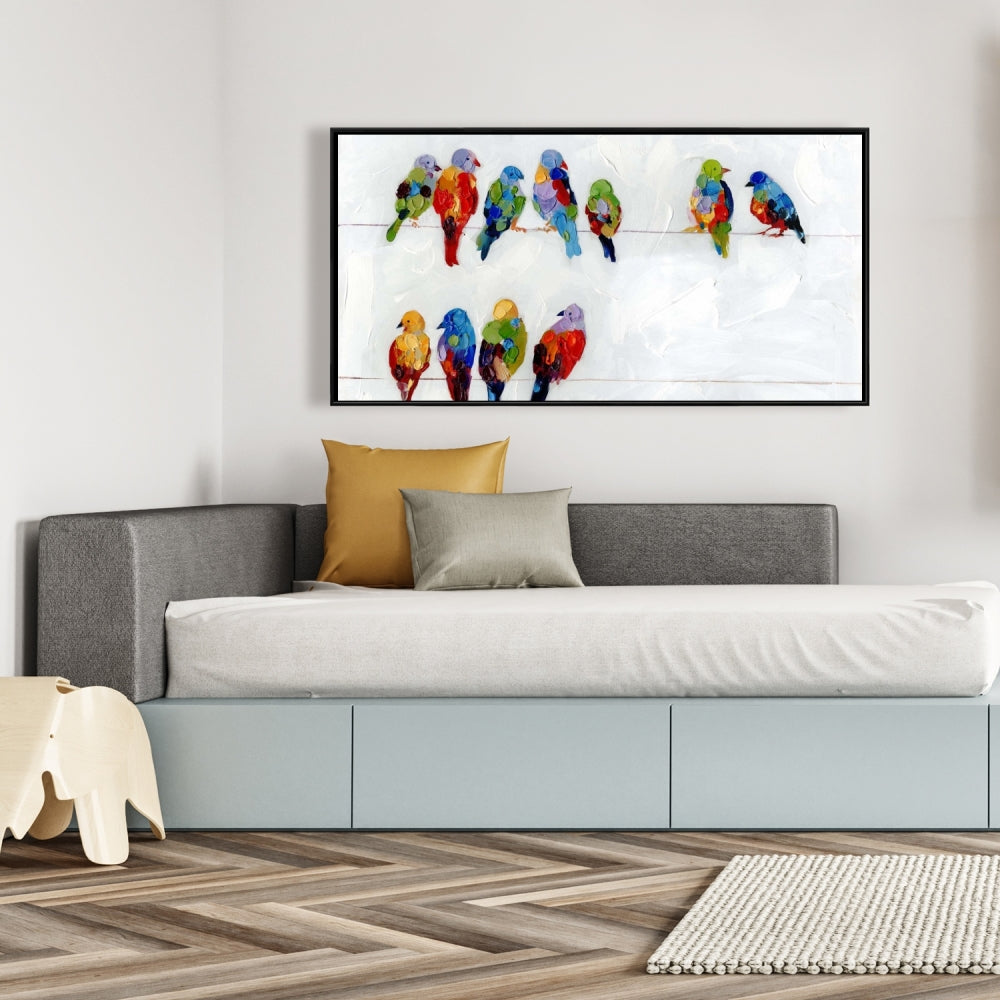 Colorful Birds on a Wire - Blue Bedroom Framed Canvas Decor