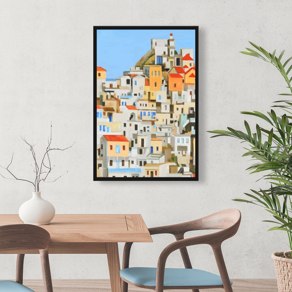 Small Houses in Greece | Blue Cities Framed Canvas Decor