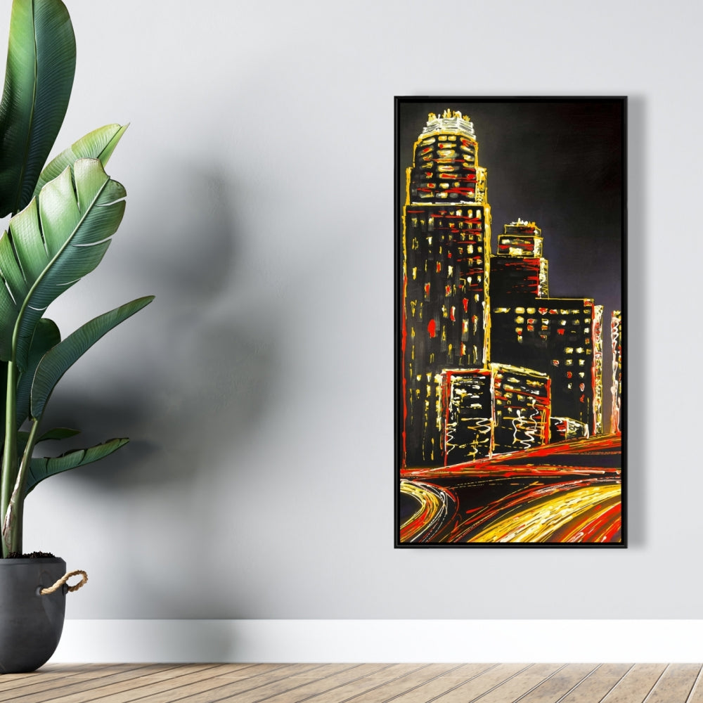 Ville animée la nuit | Toile encadrée jaune | Décoration d'intérieur