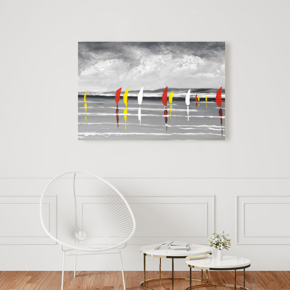 Toile blanche minimaliste représentant un bateau – Décor de voiliers sur le lac