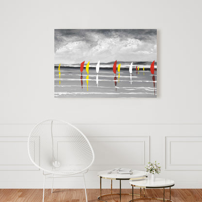 Toile blanche minimaliste représentant un bateau – Décor de voiliers sur le lac