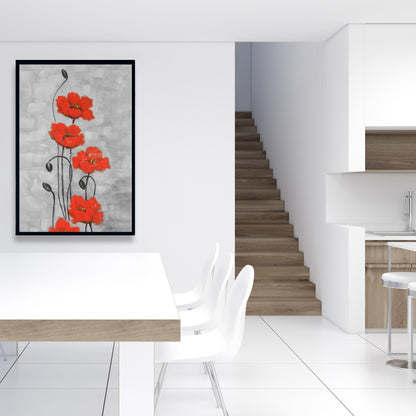 Botanical Bedroom Gray Framed Canvas - Big Red Flowers Decor