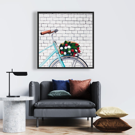 Bicycle with Tulips Canvas | Blue Bedroom Decor | Hobbies Art