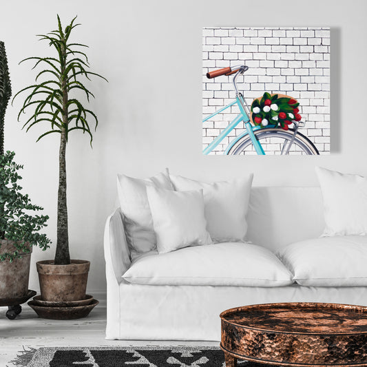Floral Bicycle with Tulips Canvas | Botanical Blue Home Decor