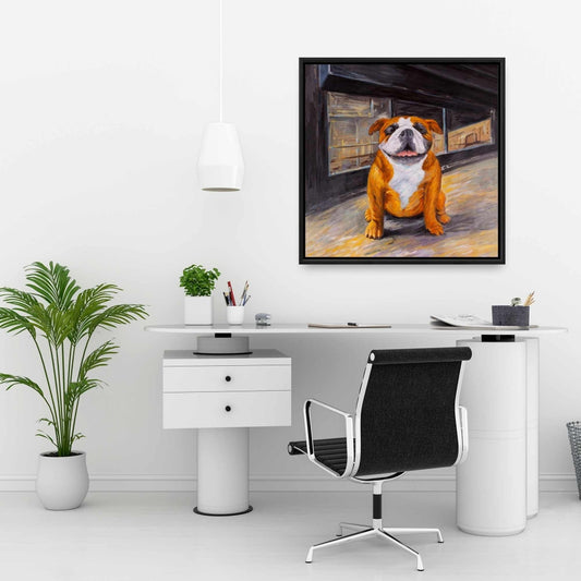 Smiling Bulldog Framed Canvas | Brown Animal Bedroom Decor