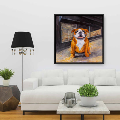 Smiling Bulldog Framed Canvas | Brown Animal Bedroom Decor