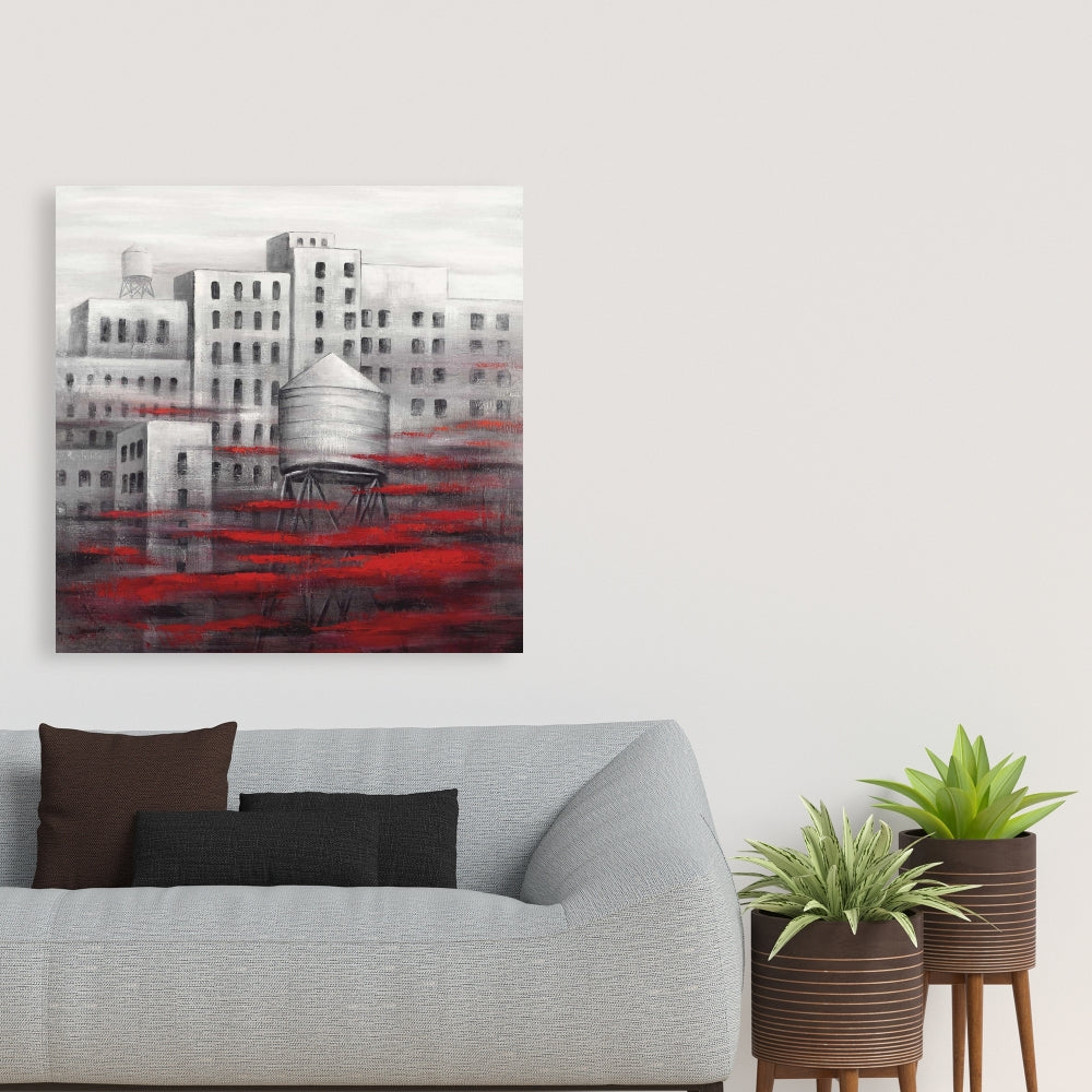 Gray City with Red Clouds Canvas | Contemporary Home Decor