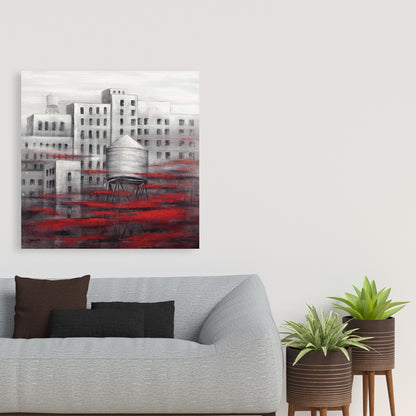 Gray City with Red Clouds Canvas | Contemporary Home Decor