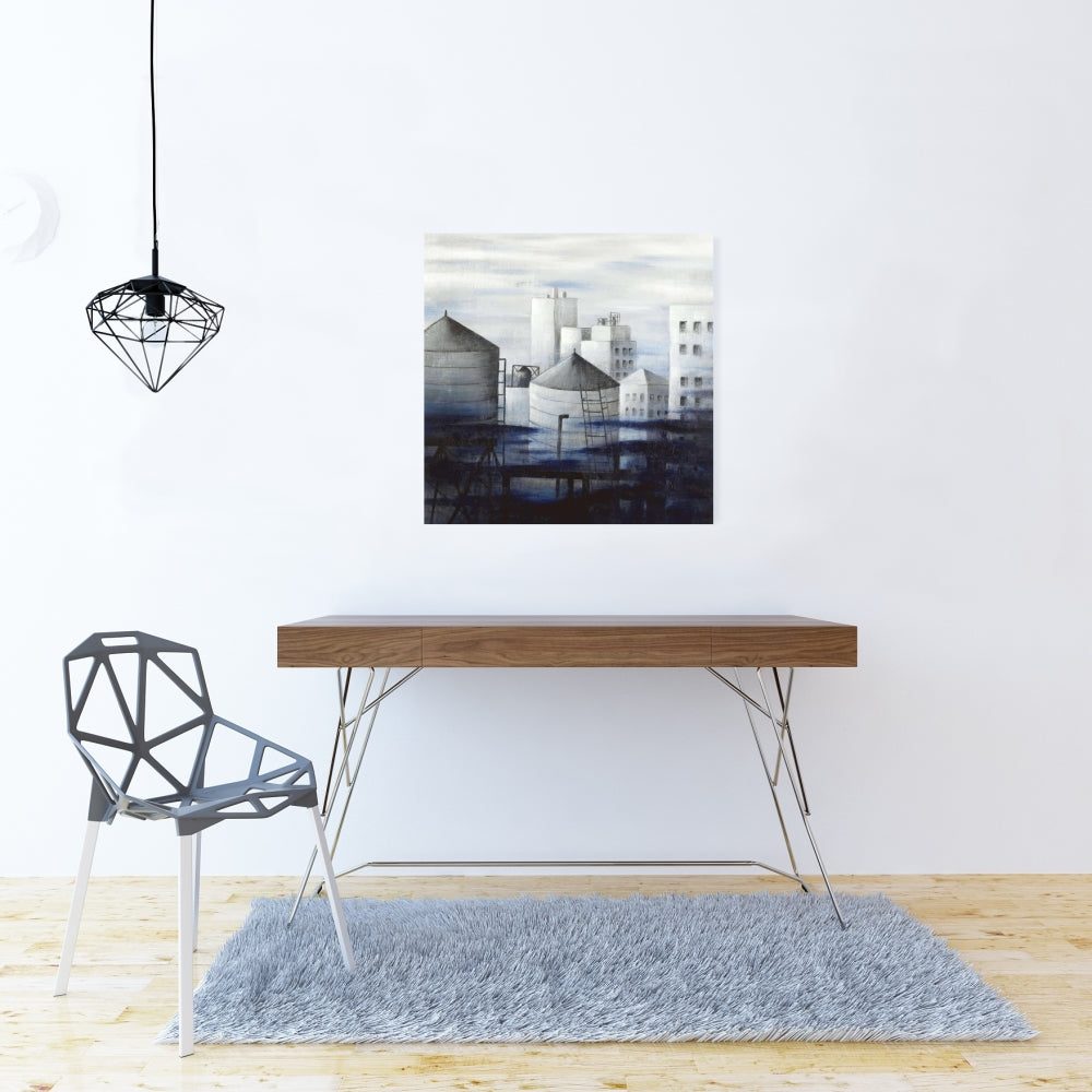 Gray City with Blue Clouds Canvas | Modern Bedroom Wall Art