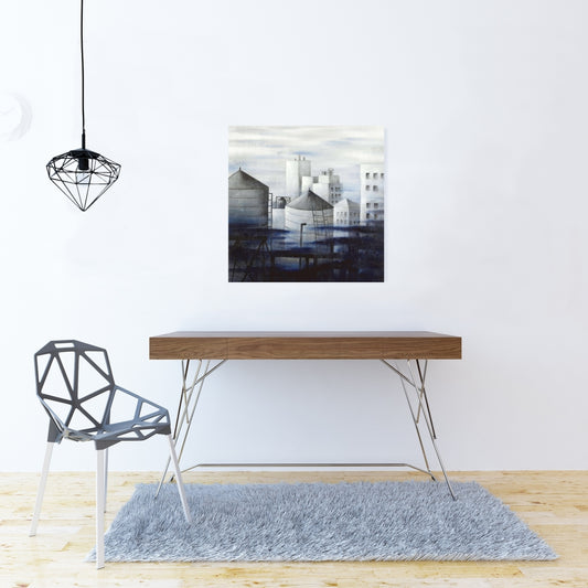 Gray City with Blue Clouds Canvas | Modern Bedroom Wall Art